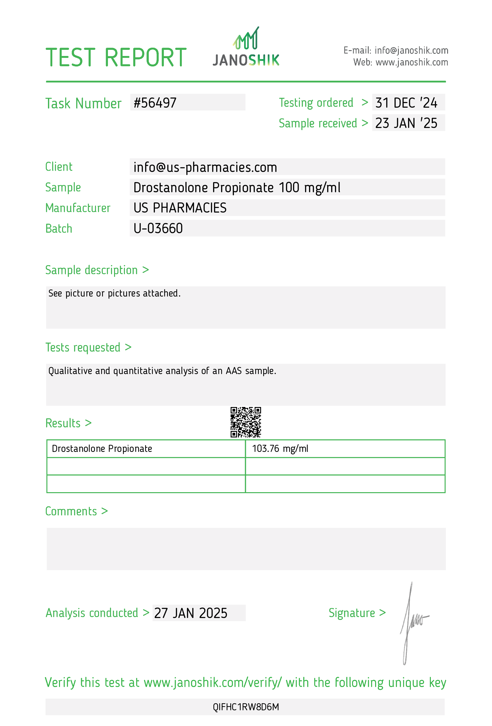 DROSTANOLONE PROPIONATE Test Report #56497